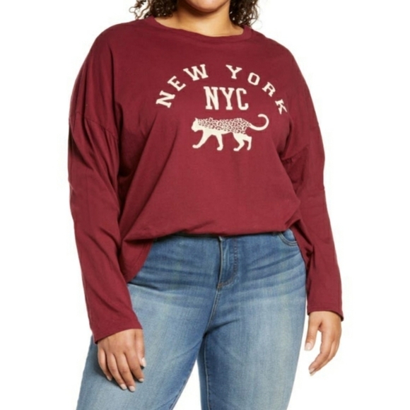 NWT Treasure & Bond burgundy red NYC graphic long sleeve t-shirt- women's size L - Picture 1 of 8